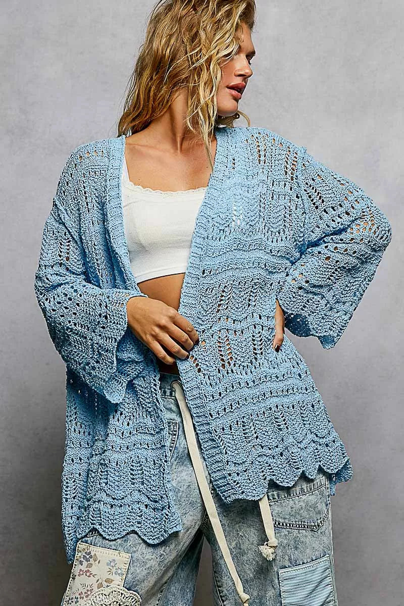 Openwork Lightweight Open Front Cardigan with Scalloped Edge