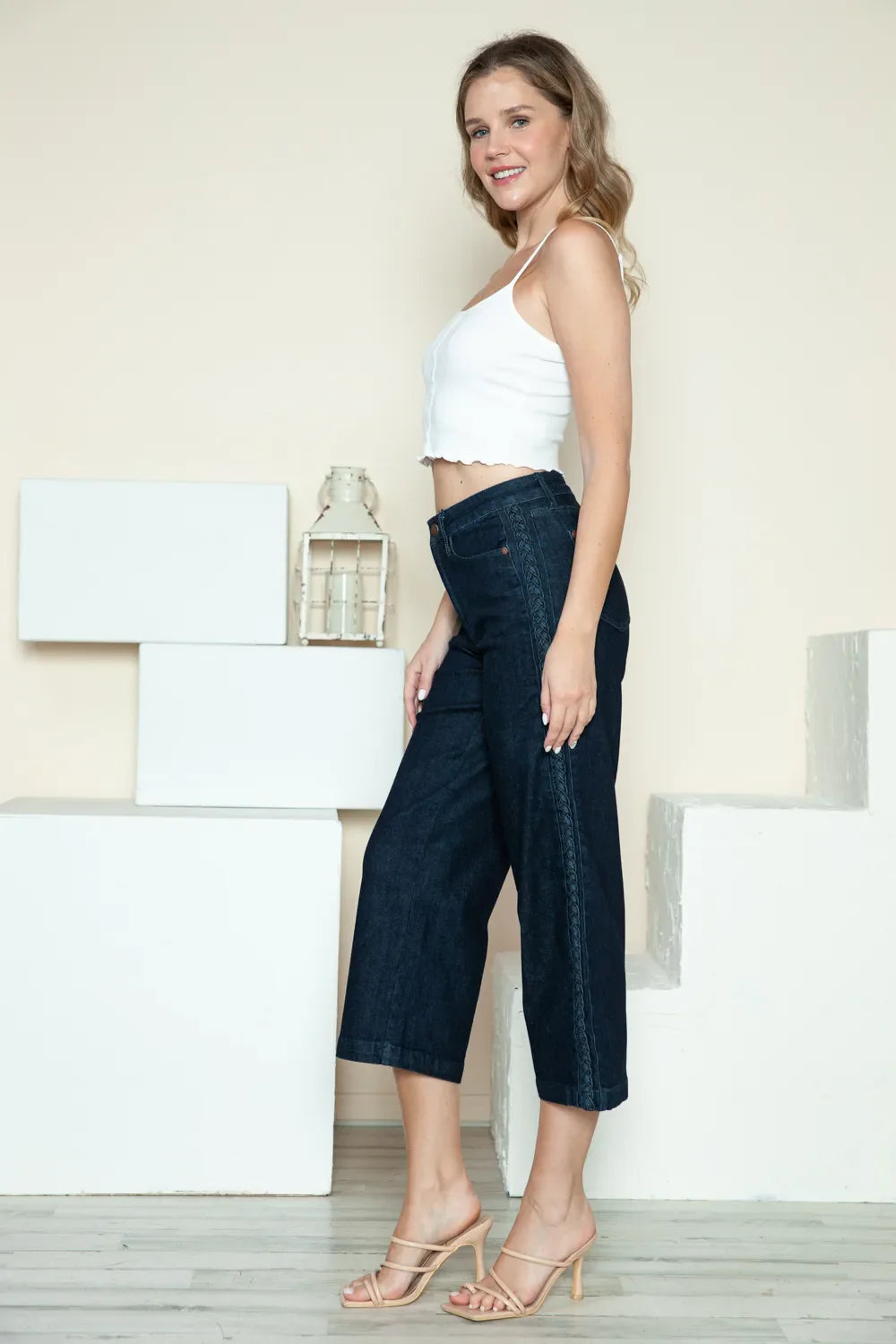 Full Size Side Seam Braid Detail Crop Wide Leg Jeans