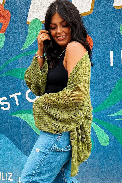 Spinach Green Oversize Crochet Knit Open Cardigan