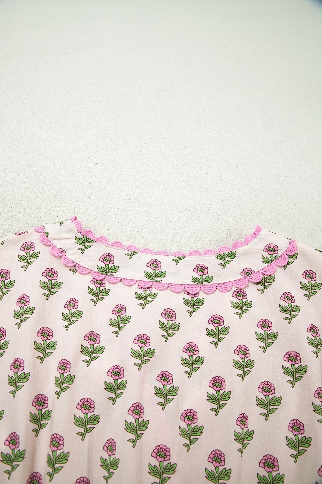 Pink Floral Print V Neck Scallop Trim Button Front Short Sleeve Long Dress - Loving It Shop
