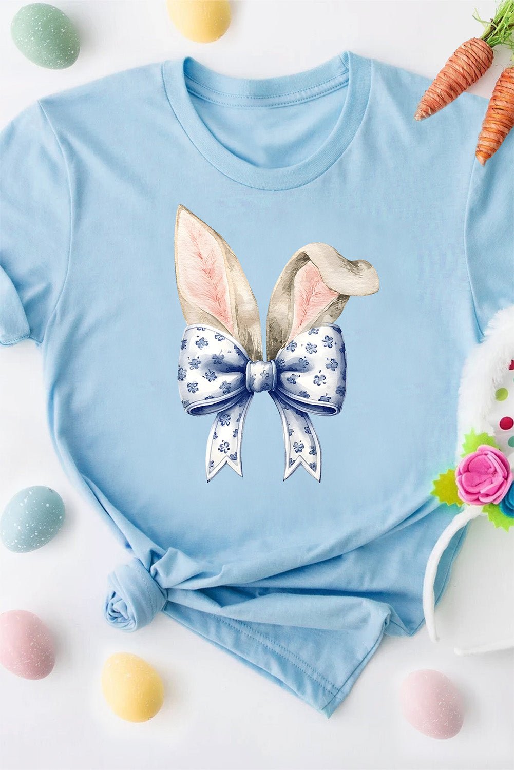 Light Blue Easter Bunny Ears Coquette Bow Graphic Tee - Loving It Shop