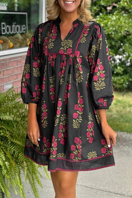 Black Floral Print Notched Neck Piping Trim Bracelet Sleeve Babydoll Dress - Loving It Shop
