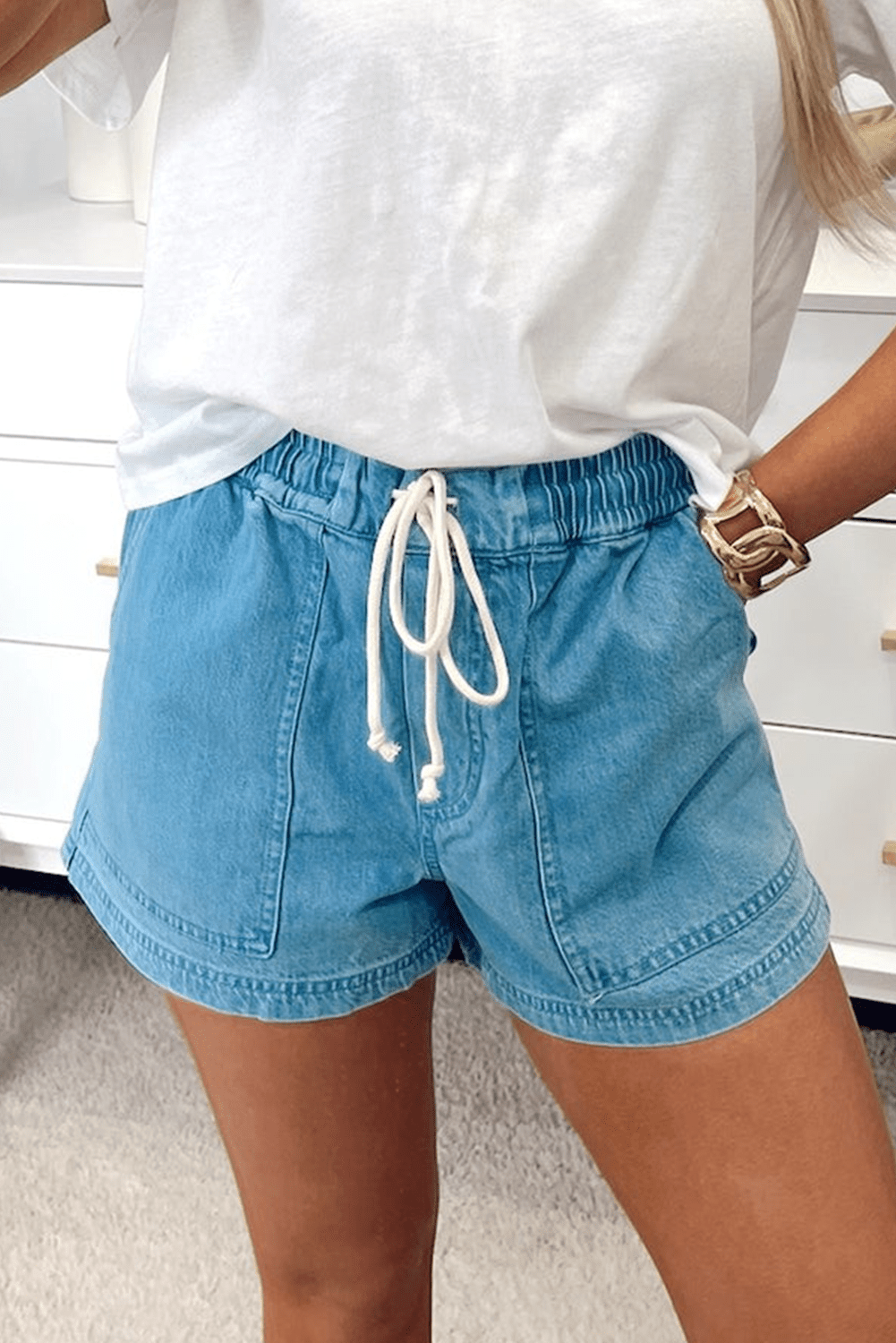 Beau Blue Contrast Drawstring Elastic Waistband Denim Shorts - Loving It Shop