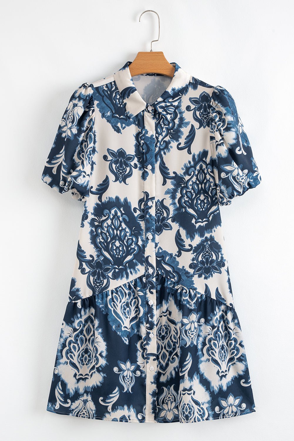 Blue Boho Floral Print Buttoned Collared Loose Fit Mini Dress - Loving It Shop