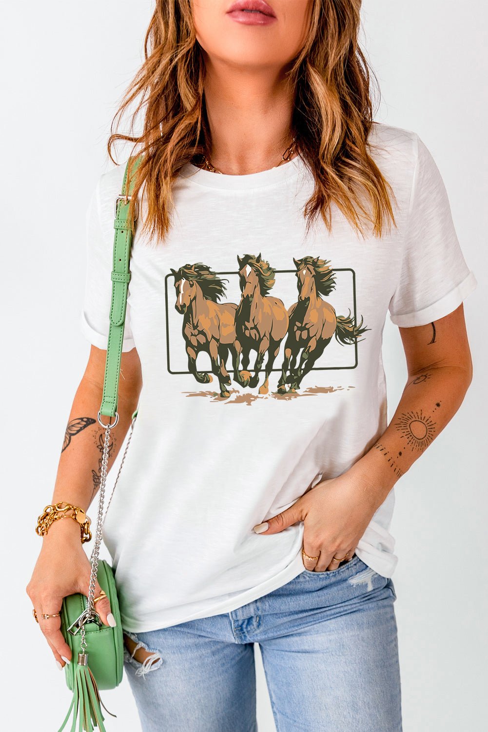 White Texas Horse Graphic Cuffed Sleeve Graphic T Shirt - Loving It Shop