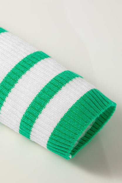 Bright Green Scalloped Trim U Neck Striped Ribbed Slim Sweater