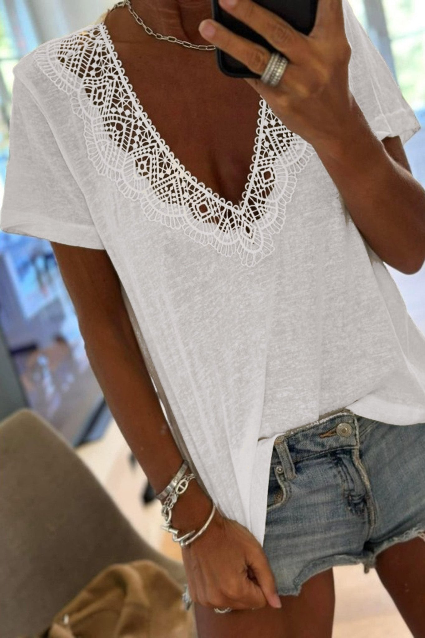 White Hollowed Lace Splicing V Neck T Shirt - Loving It Shop