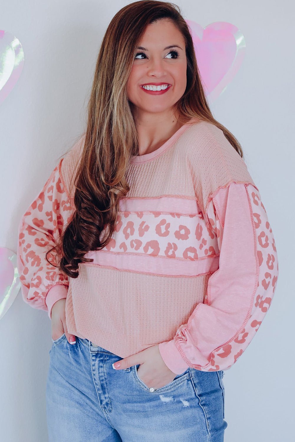 Pink Leopard Patchwork Exposed Seam Waffle Knit Top - Loving It Shop