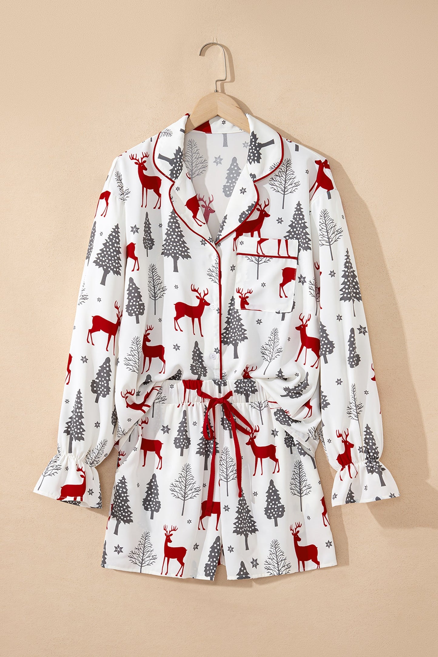 White Christmas Fashion Print Velvet Trim Bow Knot Pajama 2pcs Short Set