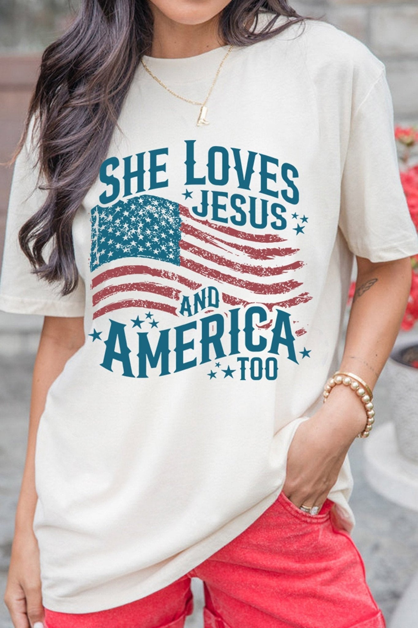 White She Loves Jesus and America Flag Graphic Tee - Loving It Shop