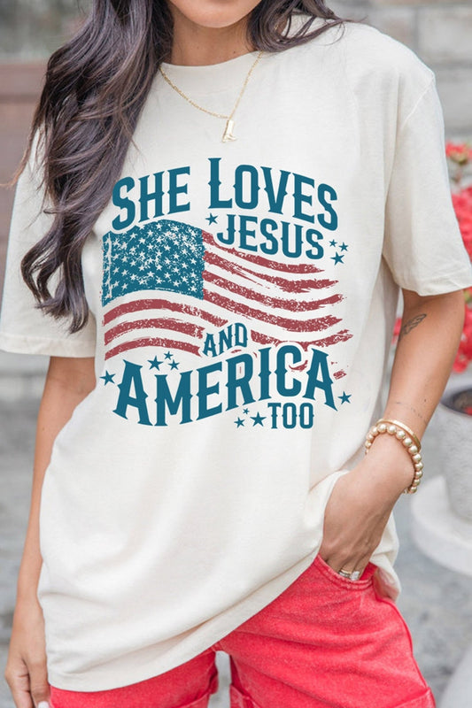 White She Loves Jesus and America Flag Graphic Tee - Loving It Shop