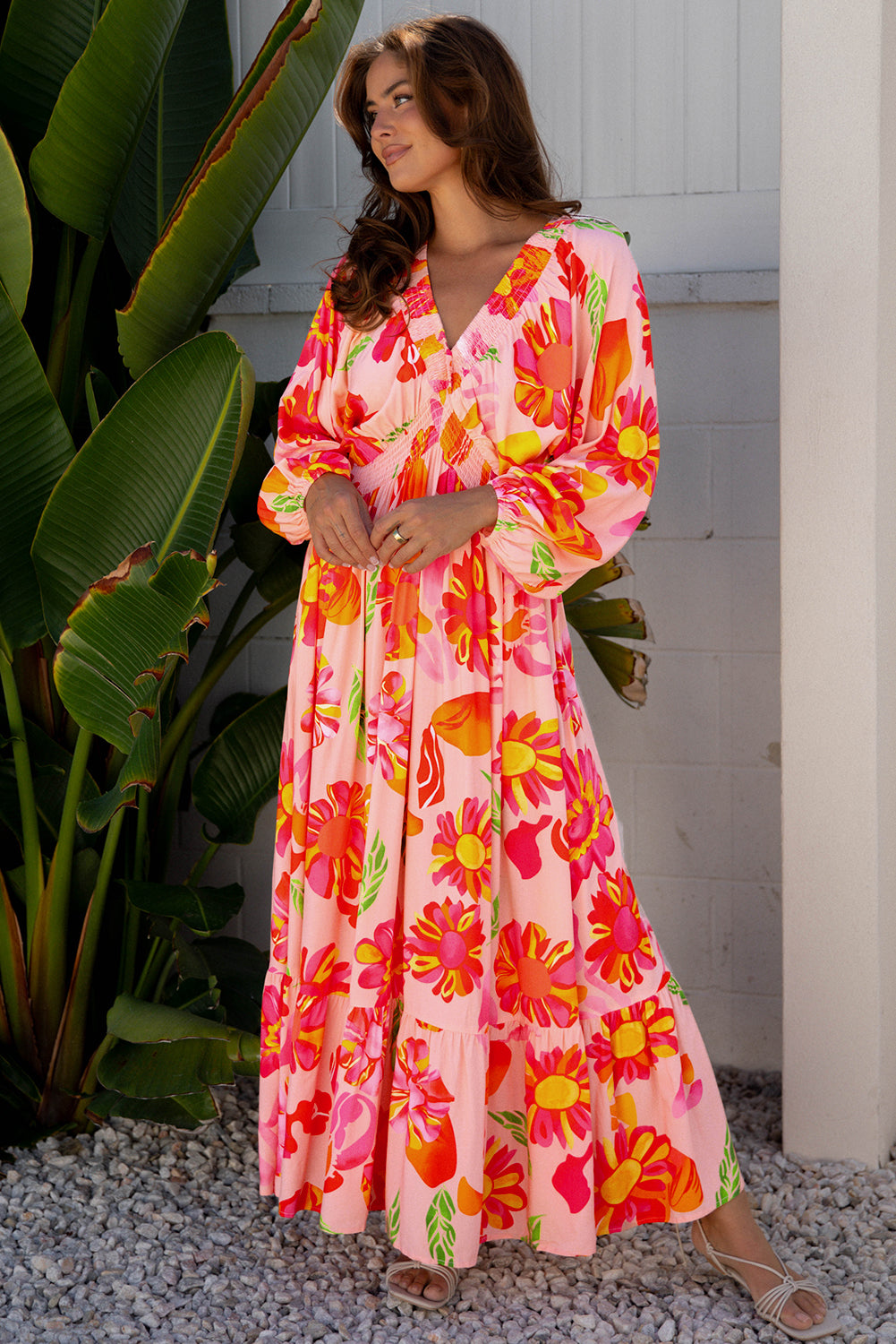Beige Floral Print Smocked Detail V Neck Puff Sleeve Flowy Maxi Dress