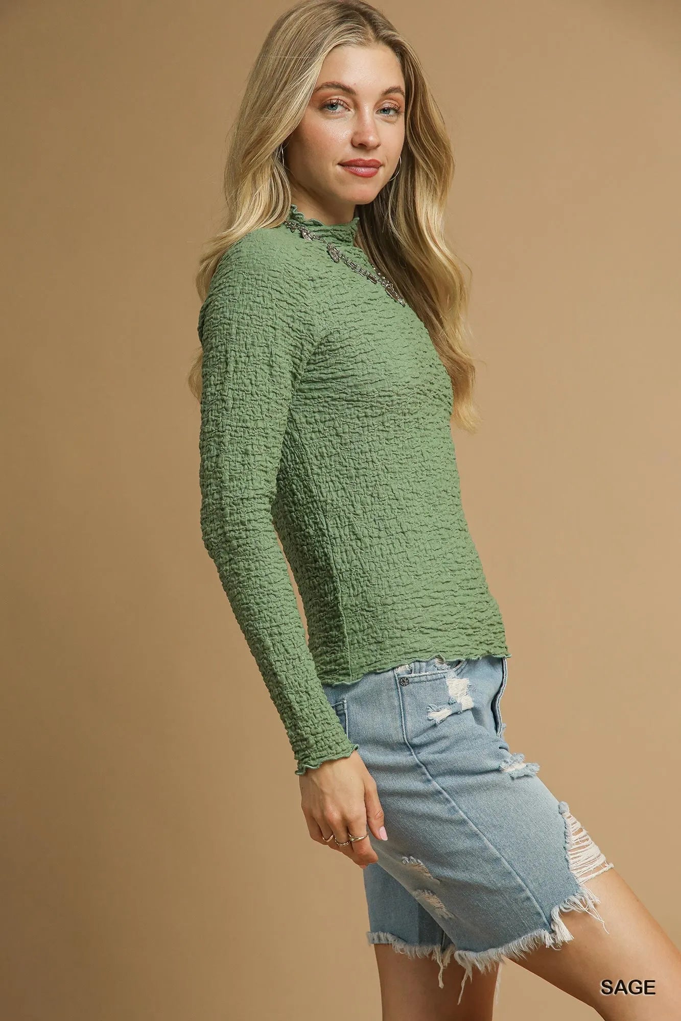 Textured Crinkle Knit Long Sleeve Top