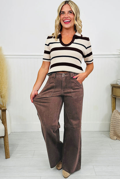 Dark Brown Retro Washed Patch Pocket Loose Jeans