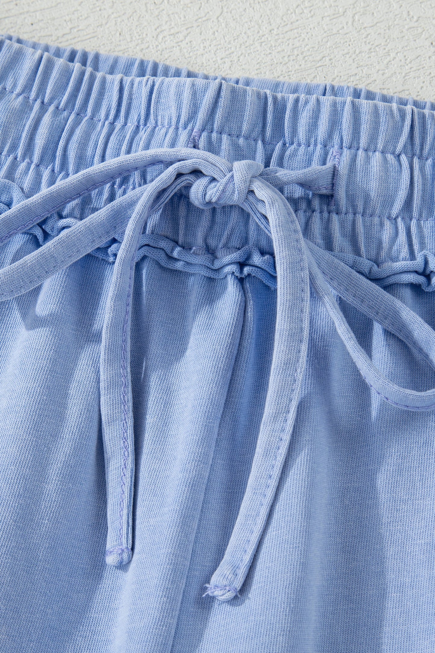 Sky Blue Mineral Washed Drawstring Elastic Waist Raw Cut Shorts