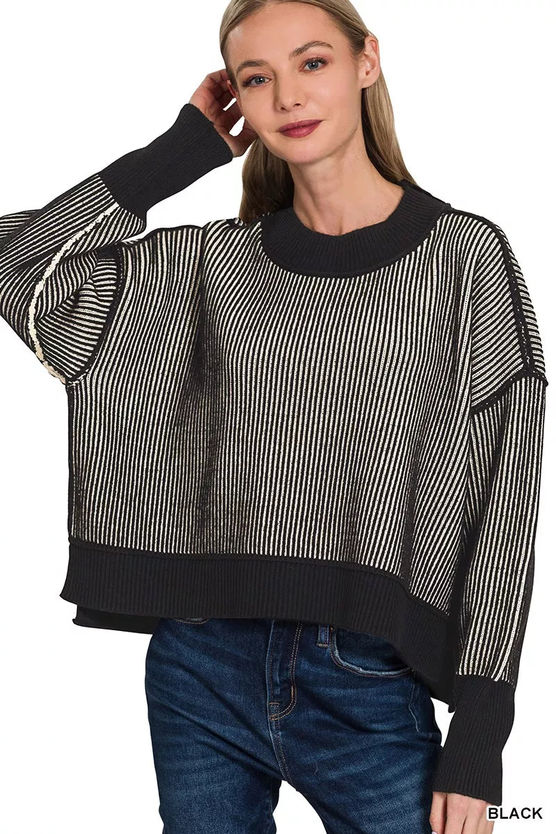 Ribbed Exposed Seam Two Tone Sweater