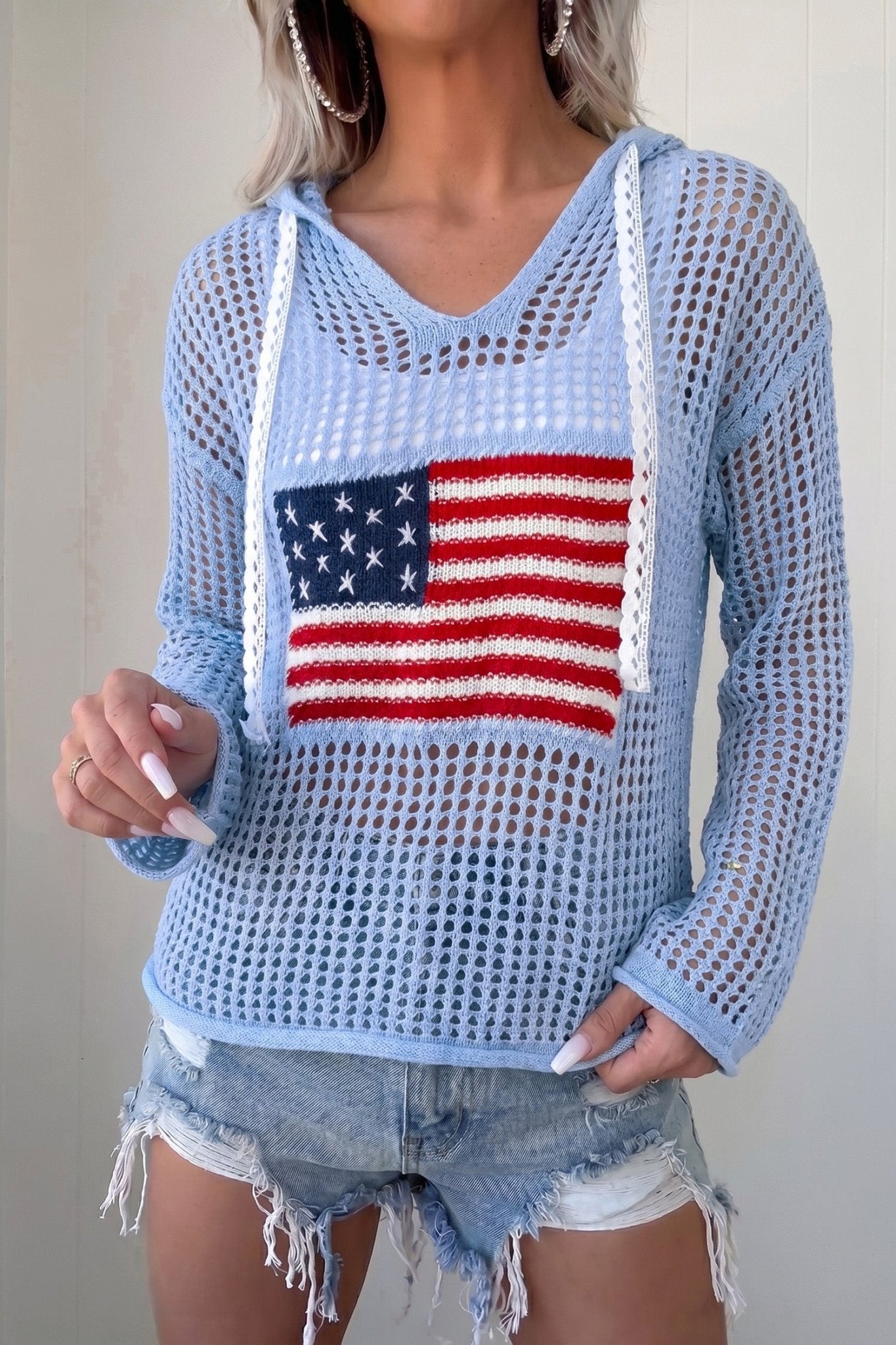 Beau Blue Hollow Out Crochet Knit American Flag Patched Sweater Hoodie - Loving It Shop