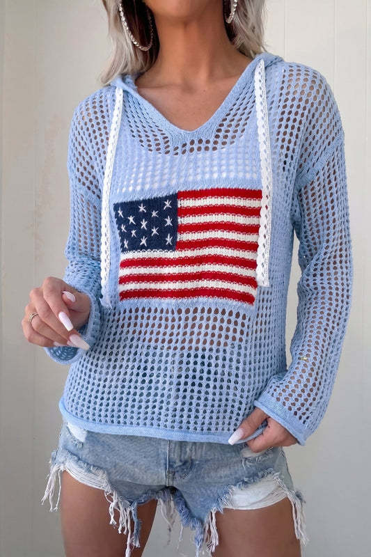 Beau Blue Hollow Out Crochet Knit American Flag Patched Sweater Hoodie - Loving It Shop