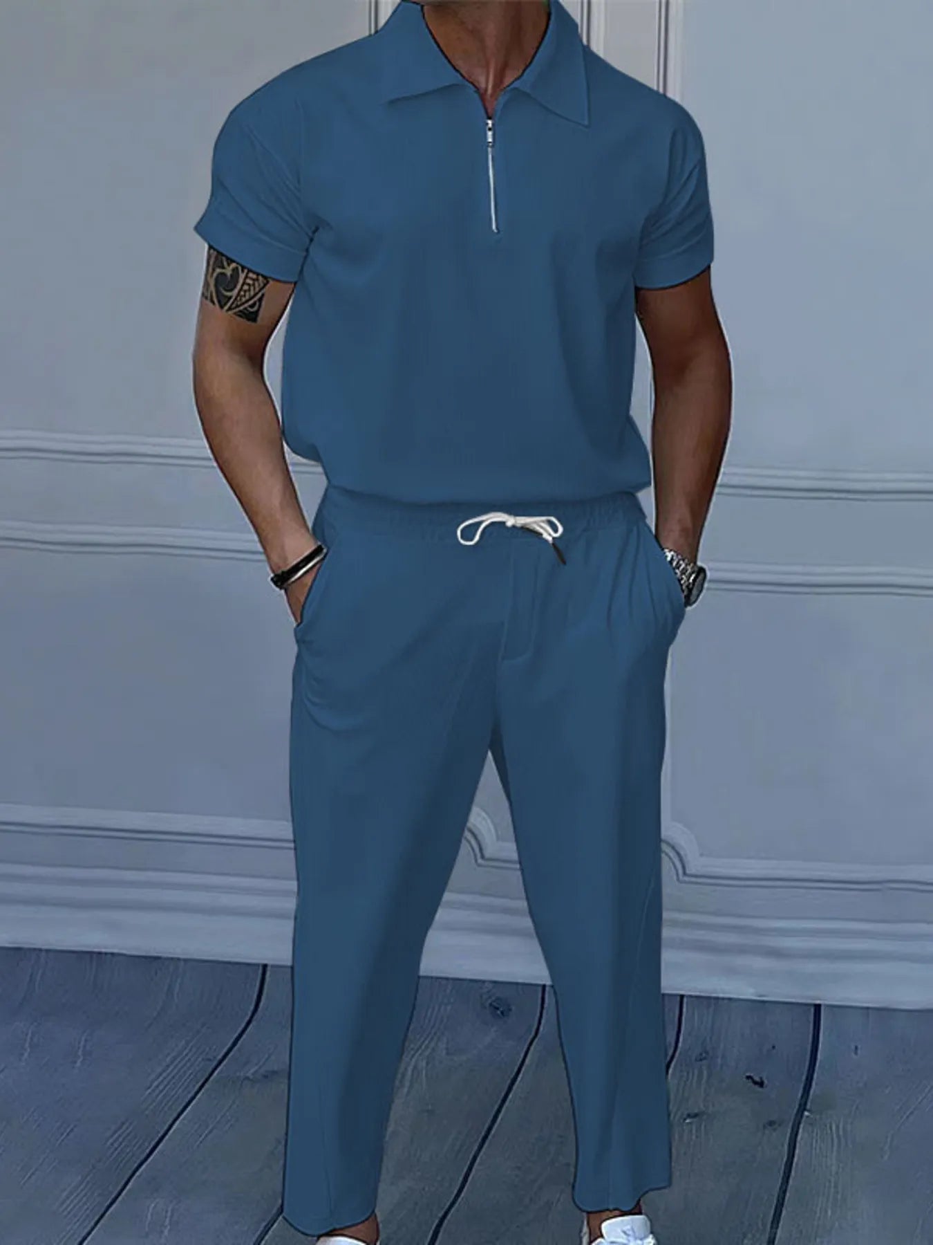 Men's Full Size Quarter Zip Short Sleeve Polo and Pants Set Plus Size