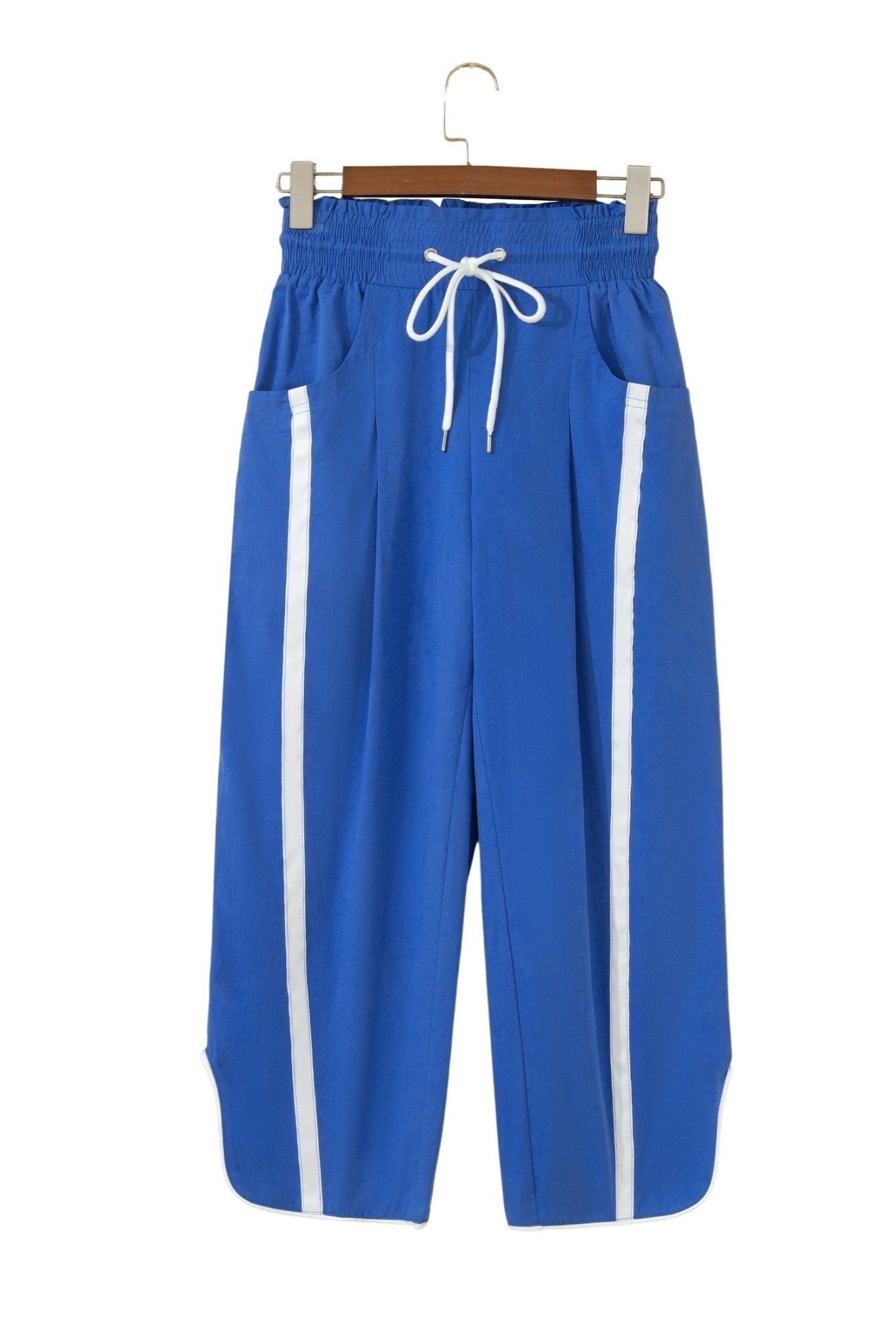 Dark Blue Contrast Striped Smocked Waist Drawstring Cropped Casual Pants - Loving It Shop