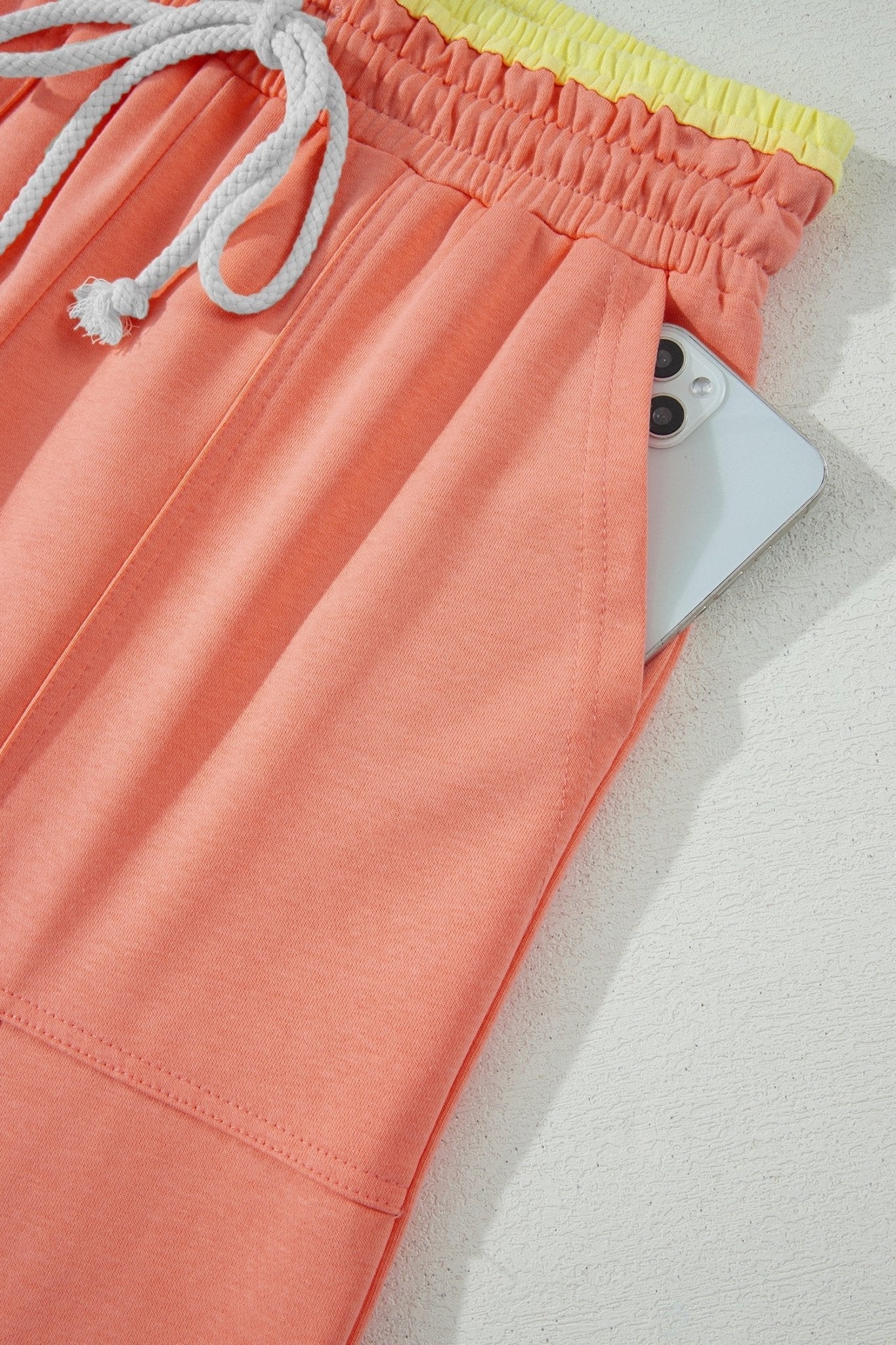 Grapefruit Orange Color Block Flower Patchwork Drawstring Contrasted Elastic Waist Wide Leg Pants - Loving It Shop