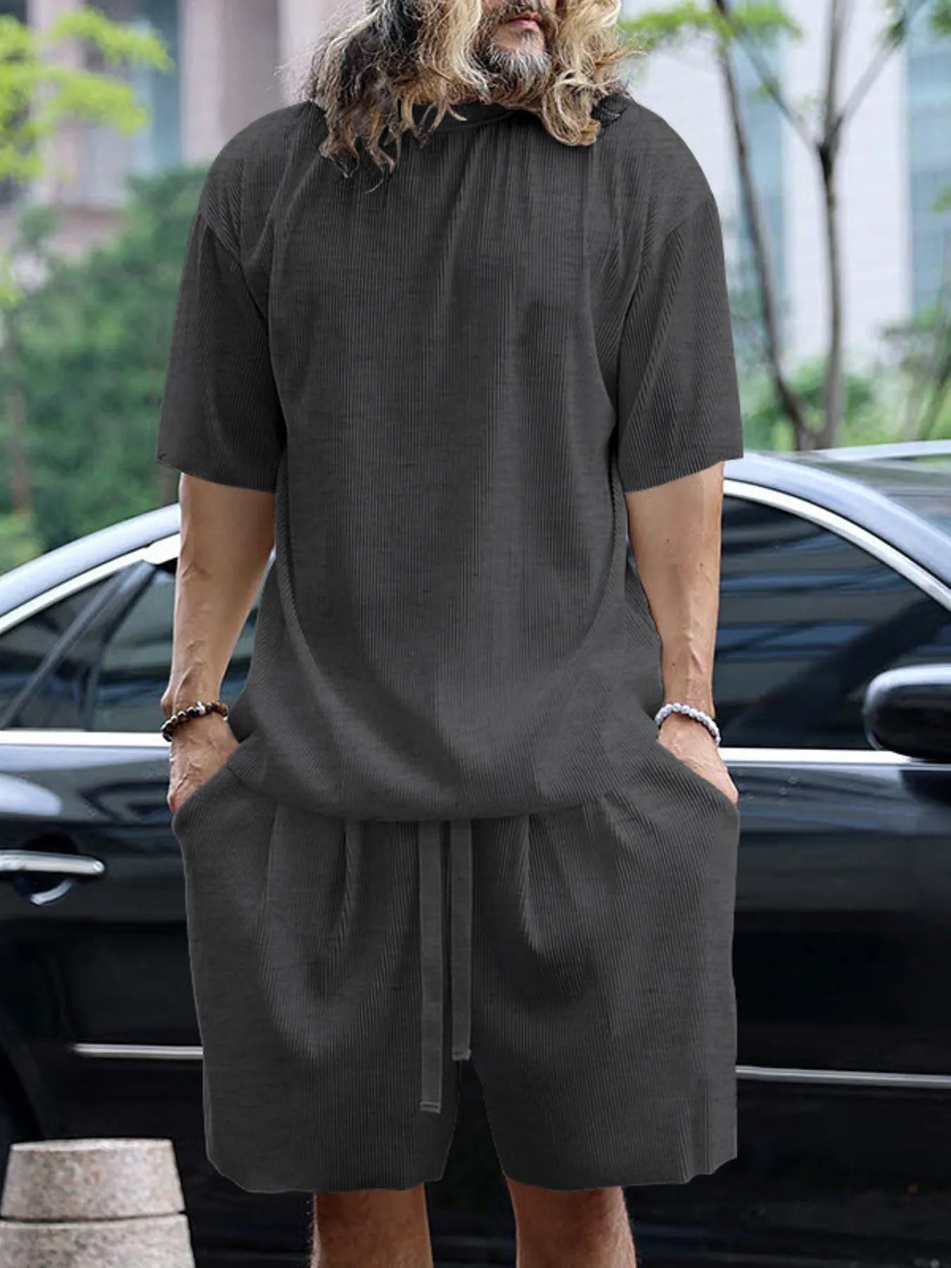 Men's Full Size Round Neck Short Sleeve Top and Shorts Set Plus Size
