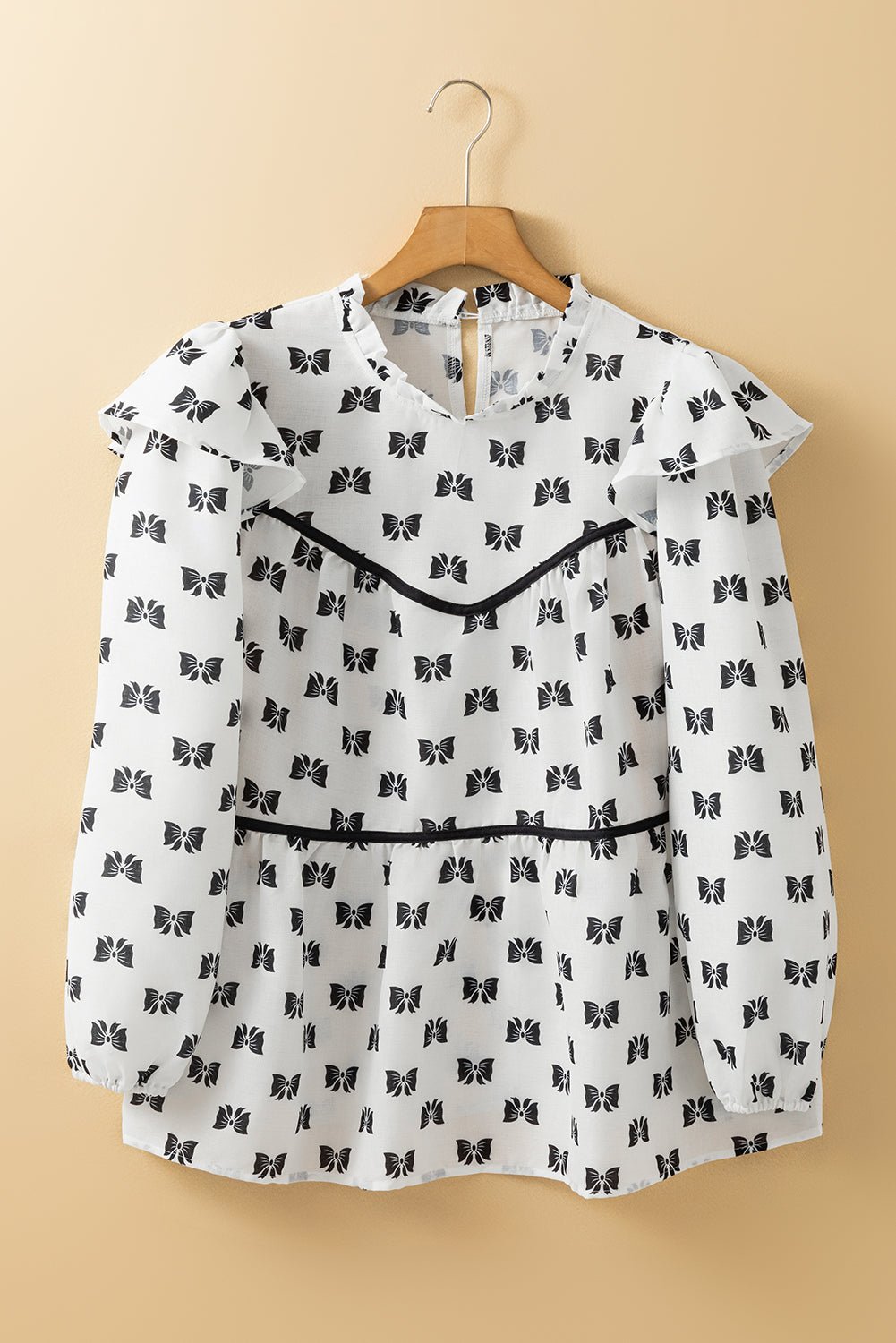 White Bow Knot Print Piping Trim Ruffled Crew Neck Blouse - Loving It Shop