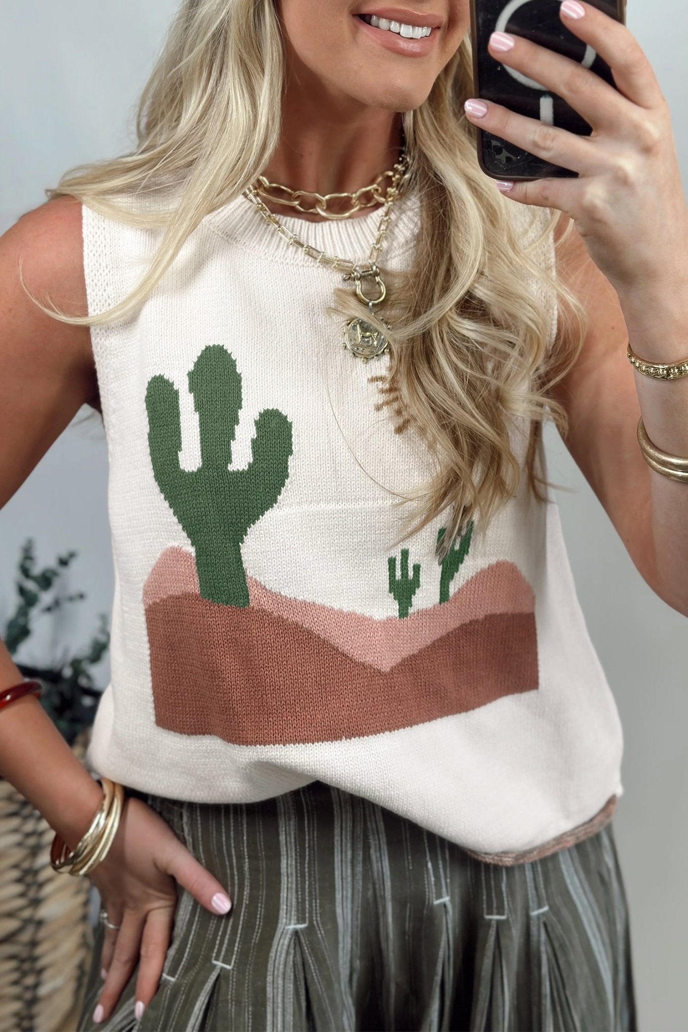 Multicolour Cactus Western Oasis Loose Sweater Vest - Loving It Shop