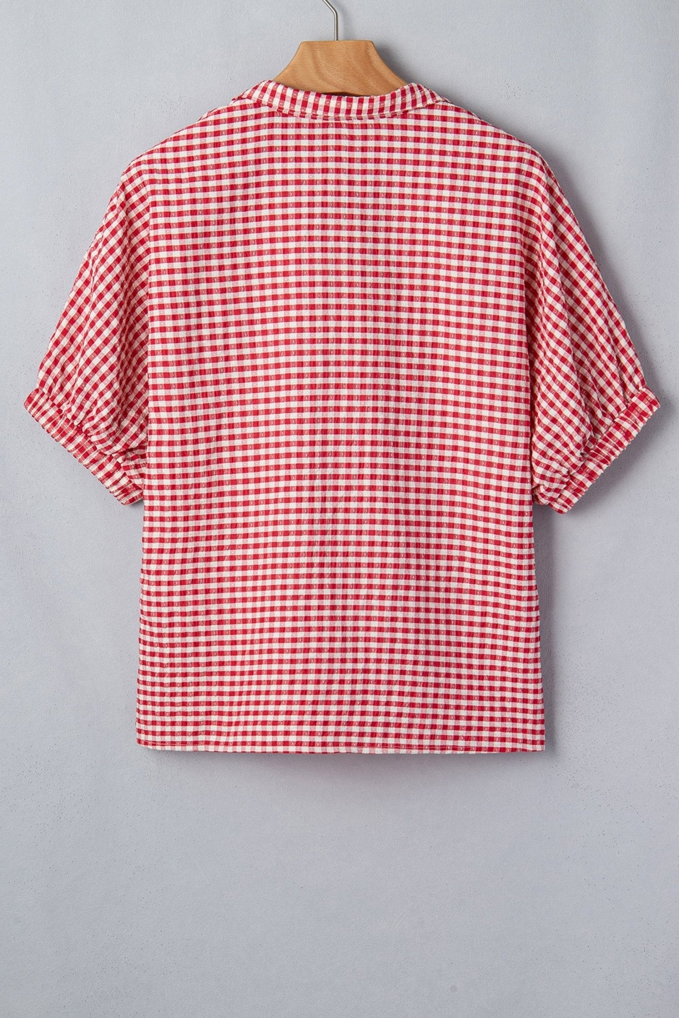 Red Plaid Short Sleeve Colorblock Trim Split Neck Blouse - Loving It Shop