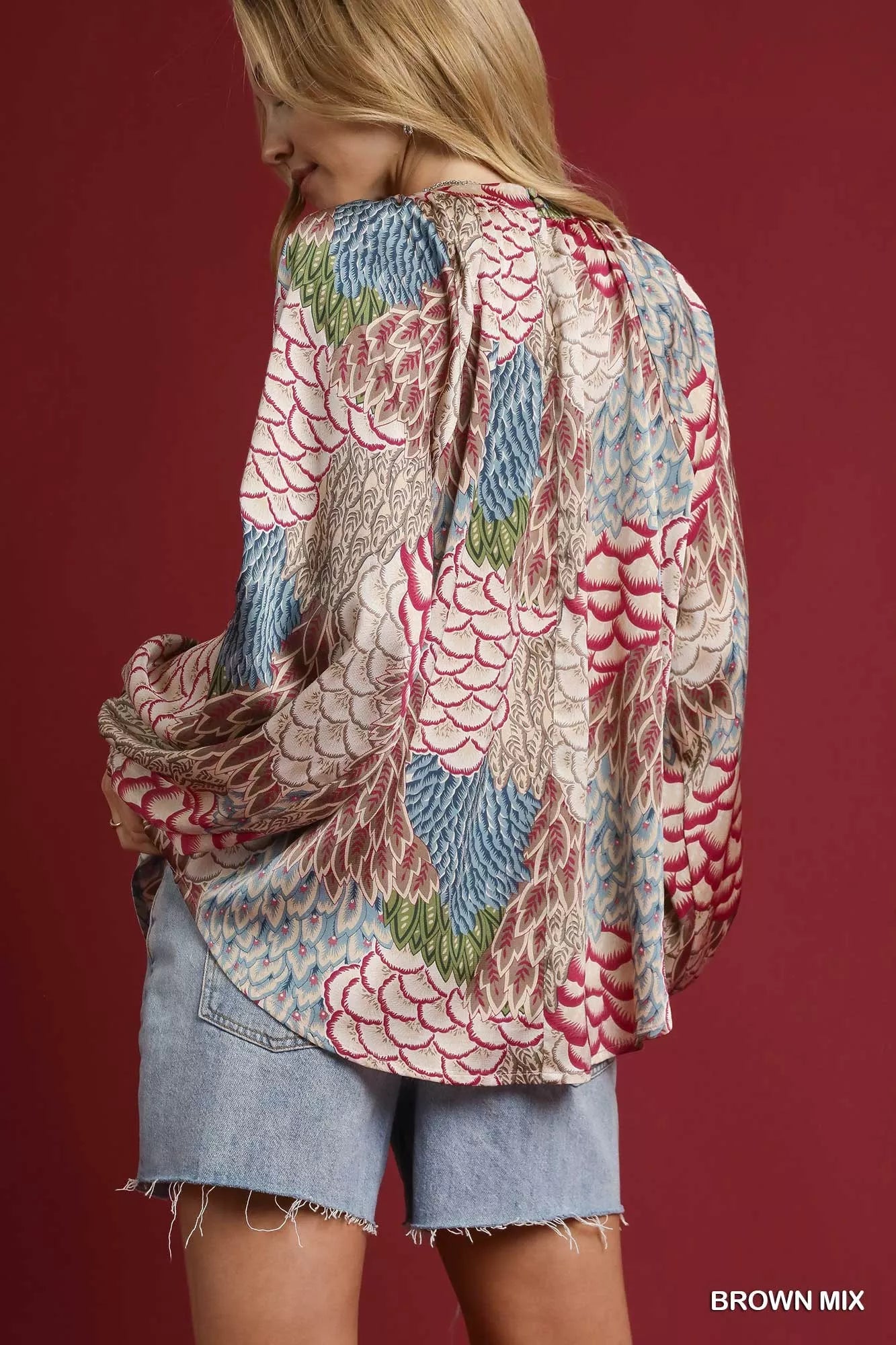 Boho Feather Print Peasant Blouse