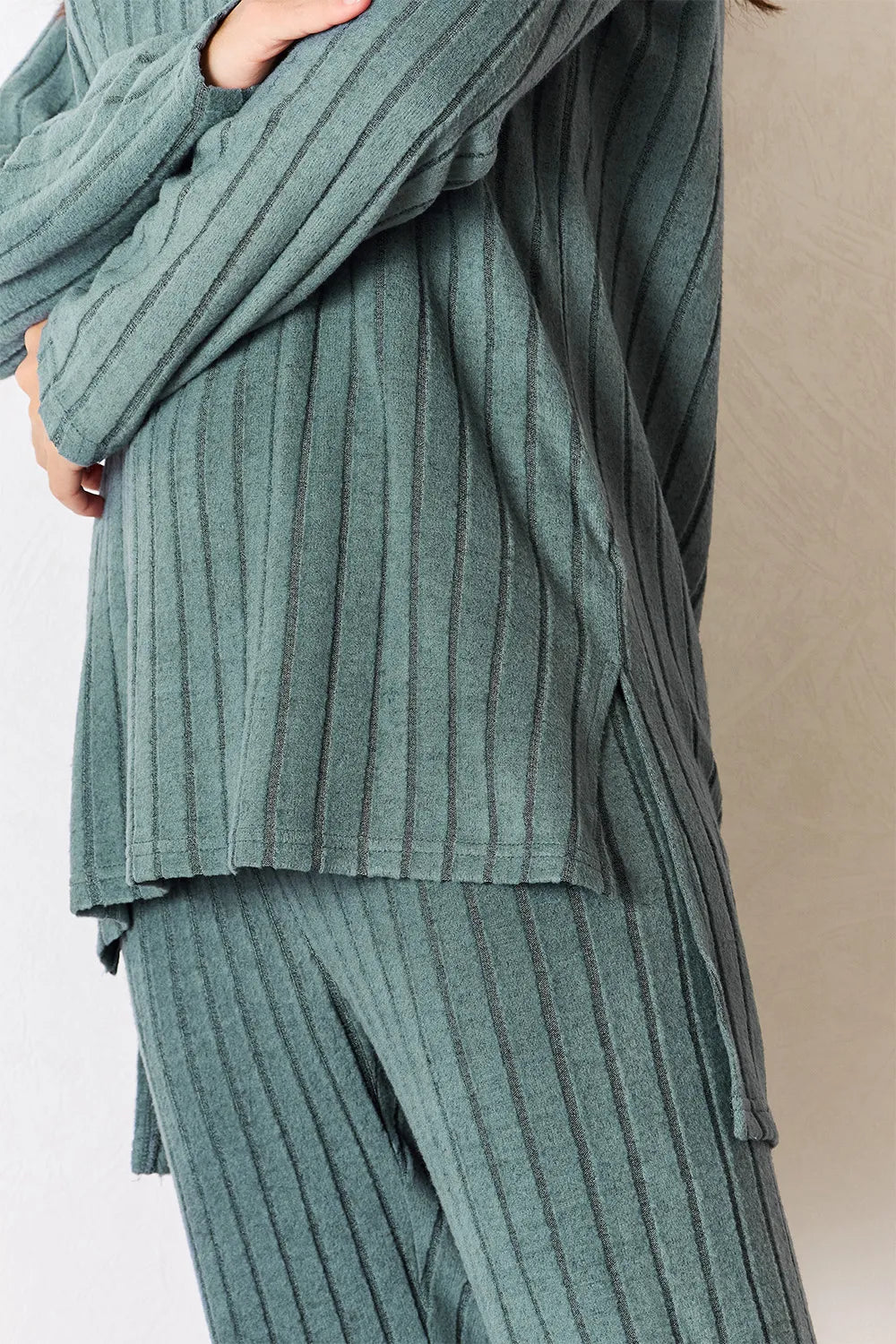 I am a Fashion Junky Full Size Ribbed Round Neck High-Low Slit Top and Pants Set
