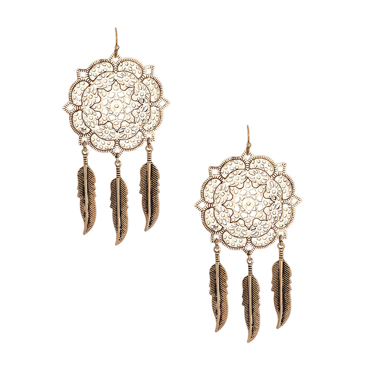 Filigree Feather Earrings Burnished Gold Stylish Statement Jewelry