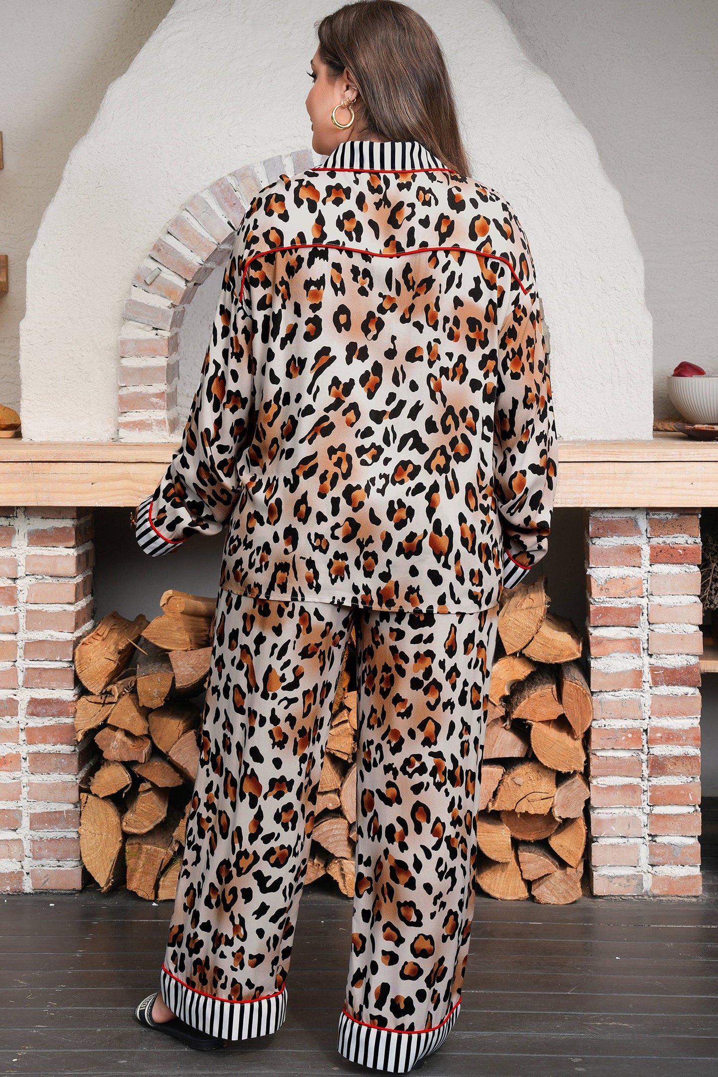 Khaki Plus Leopard Print Contrast Piping Striped Patchwork 2pcs Long Pajama Set