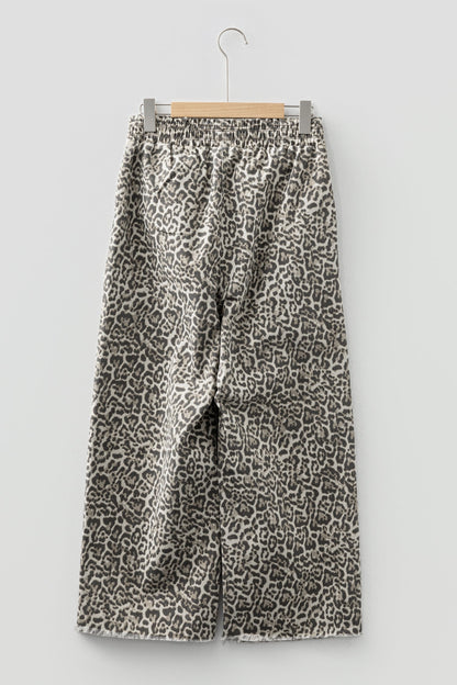 Brown Leopard Print Raw Hem Elastic Waist Loose Pull On Jeans