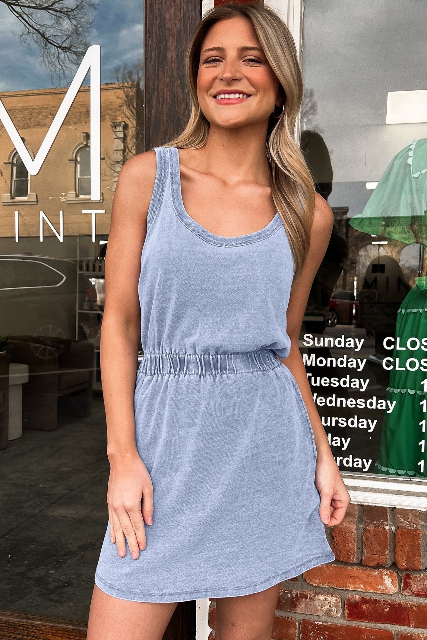 Ashleigh Blue Mineral Wash U Neck Elastic Waist Sleeveless Mini Dress - Loving It Shop