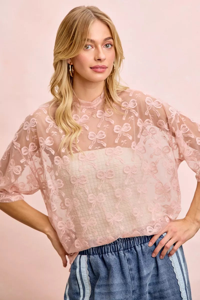 Bow Pattern Short Sleeves Boxy Mesh Top