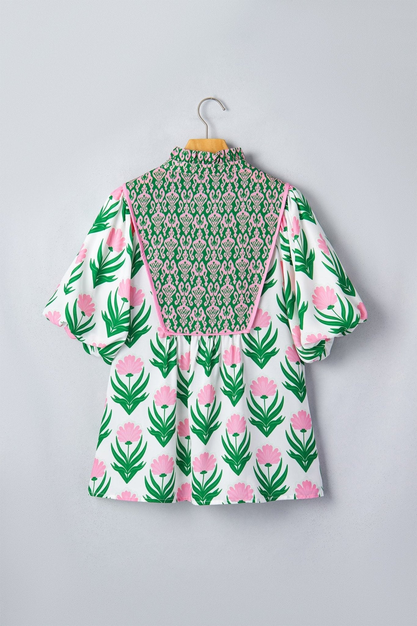 Multicolour Floral Print Puff Sleeve Contrast Bordered V Neck Blouse - Loving It Shop