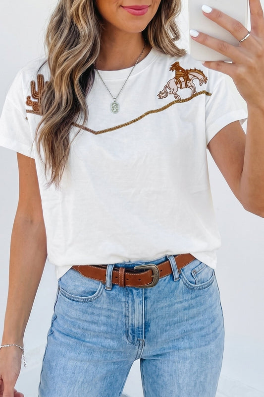 White Western Fashion Embroidered Casual Tee - Loving It Shop