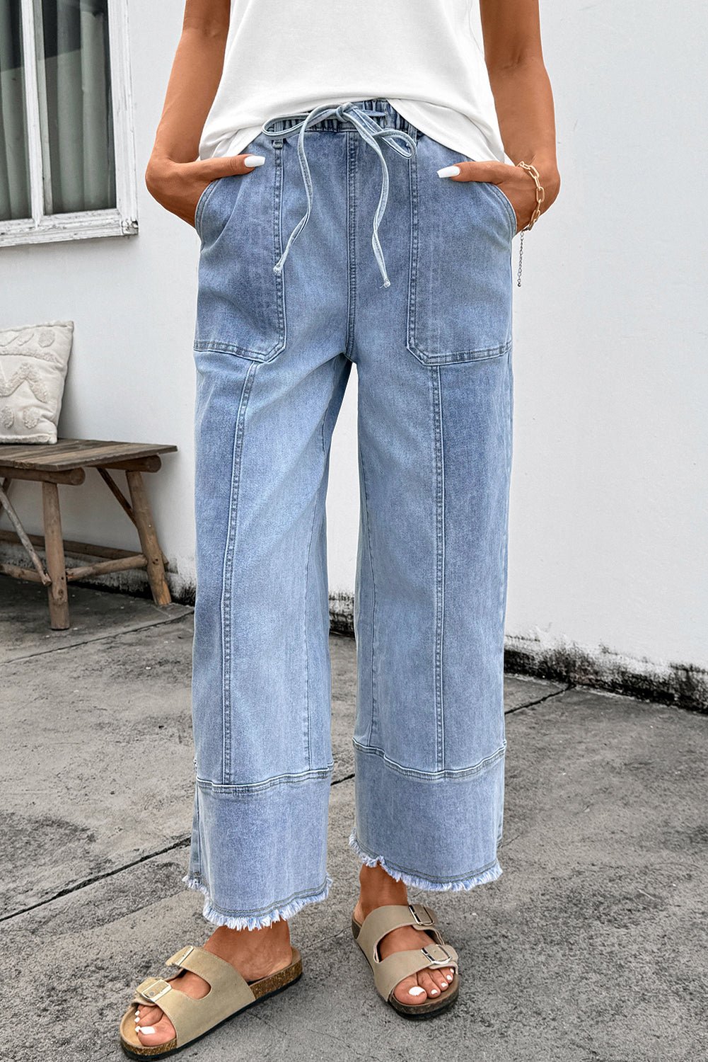 Beau Blue Drawstring Seam Detail Raw Hem Wide Leg Denim Pants - Loving It Shop