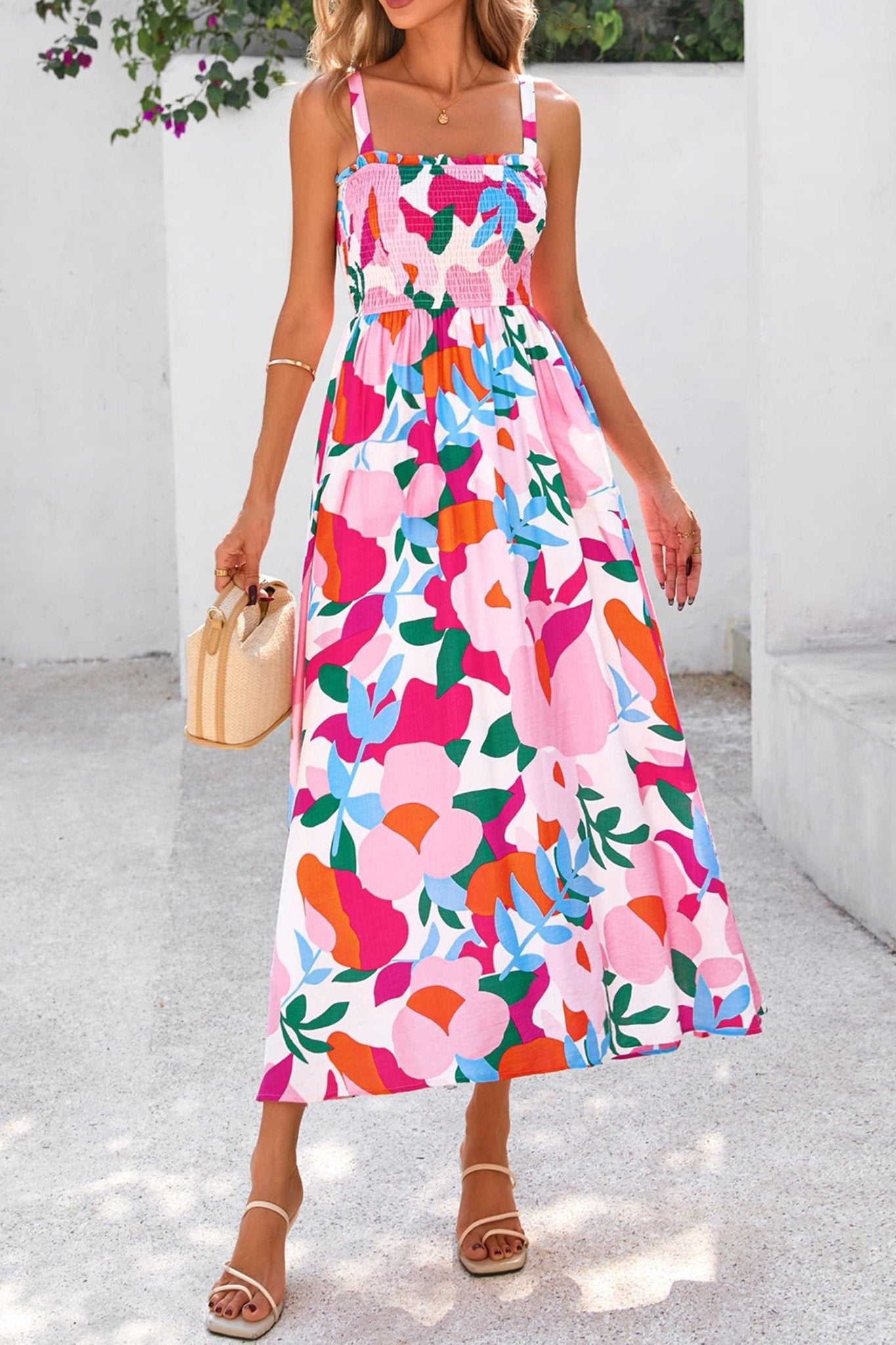 Pink Floral Print Adjustable Straps Smocked High Waist Sundress - Loving It Shop