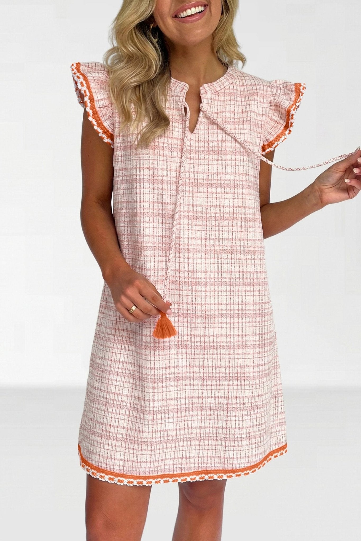 White Jacquard Textured Contrast Trim Short Sleeve Tassel Tie Shift Dress - Loving It Shop