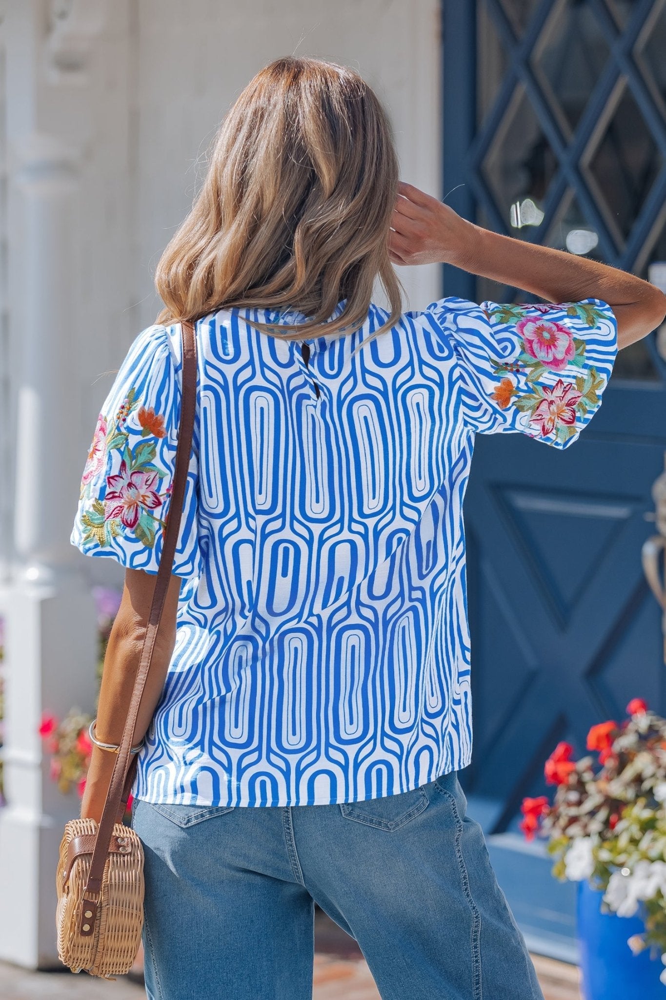 Sky Blue Unique Geometry Print Floral Embroidered Puff Sleeve Blouse - Loving It Shop