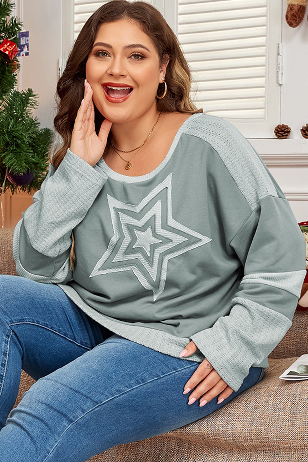 Mist Green Stars Patchwork Round Neck Plus Size T Shirt - Loving It Shop