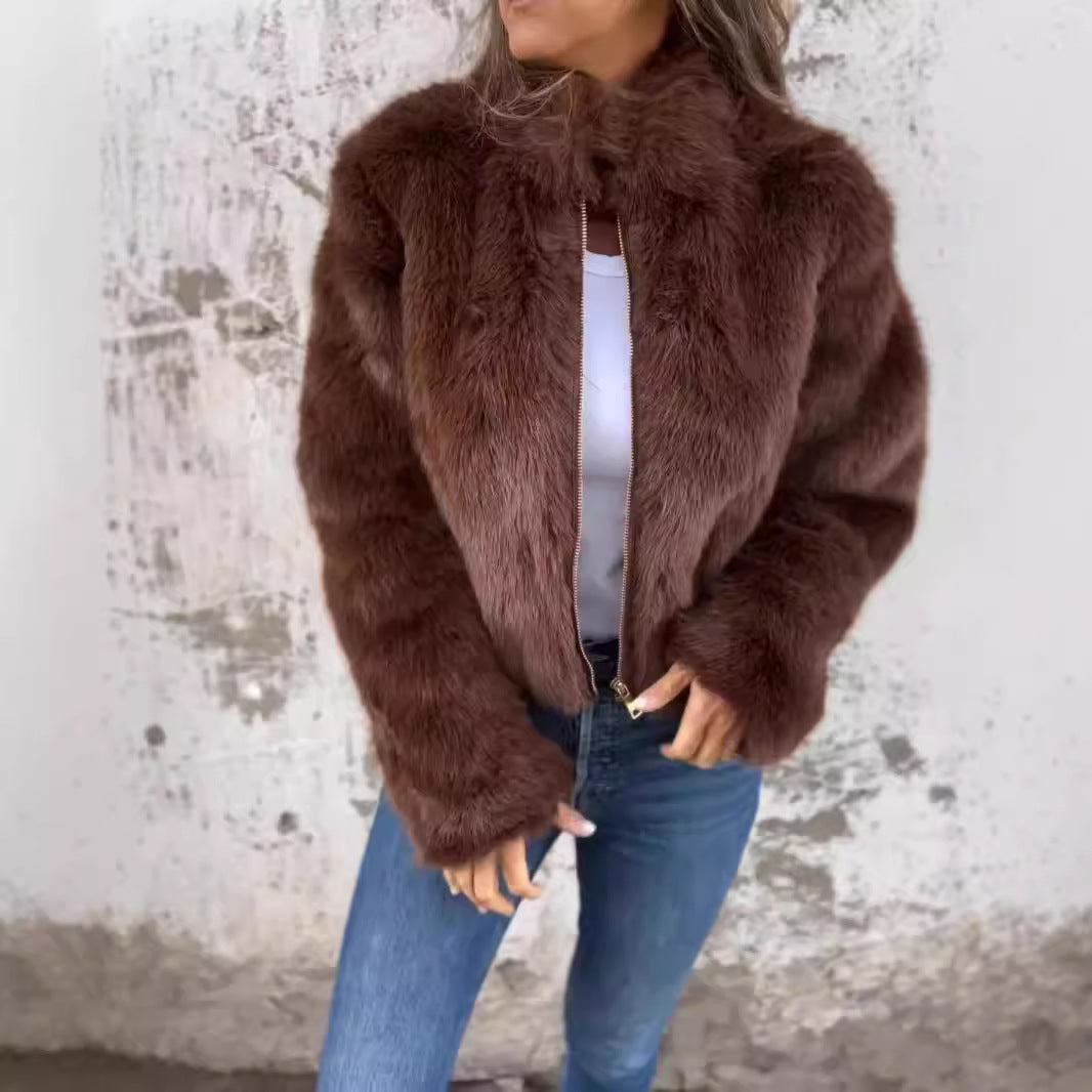 Fashion Stand Collar Plush Jacket Winter Casual Turtleneck Zipper Coat Fleece Tops Women&