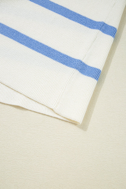Sky Blue Stripe Split V Neck Collared Ribbed Sweater Vest