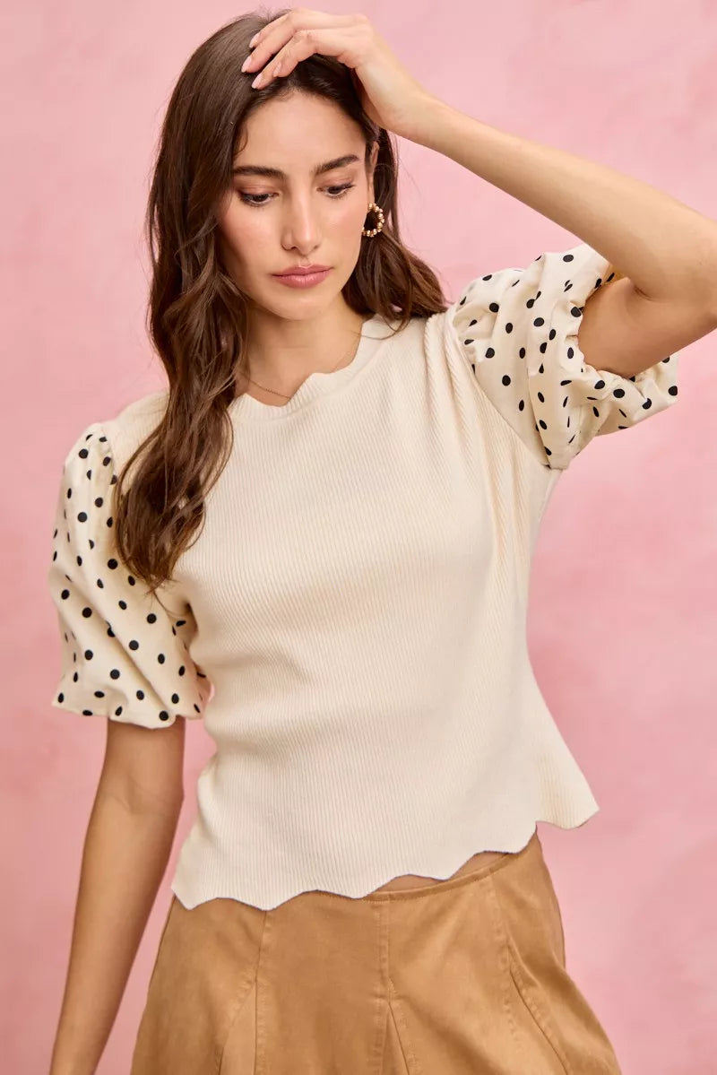 Polka Dot Contrast Woven Ballon Sleeve Blouse