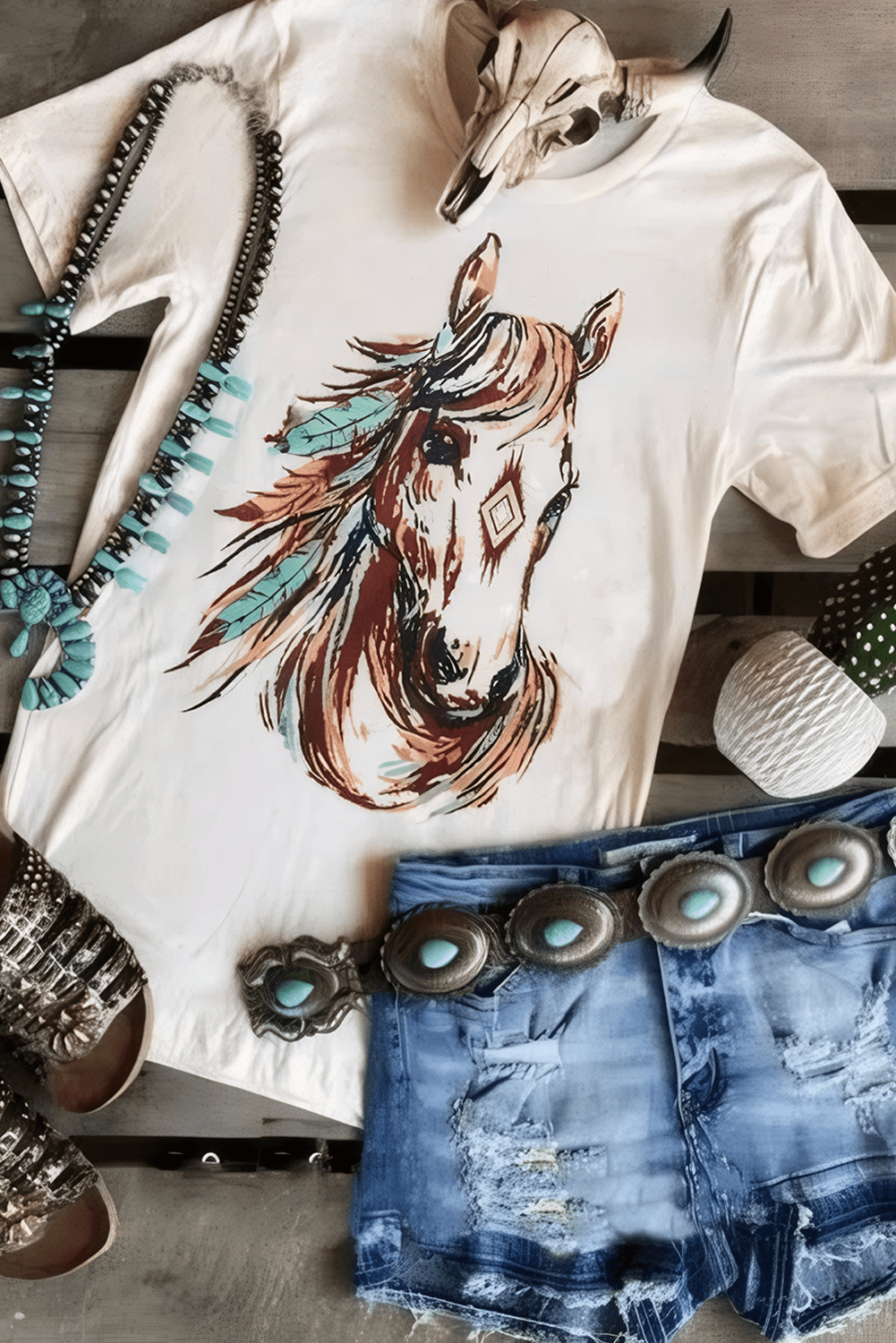 White Western Aztec Horse Graphic Crewneck Tee - Loving It Shop