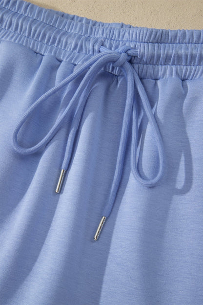 Sky Blue Preppy Striped Trim V Neck Polo Tee Drawstring Skirt Set - Loving It Shop