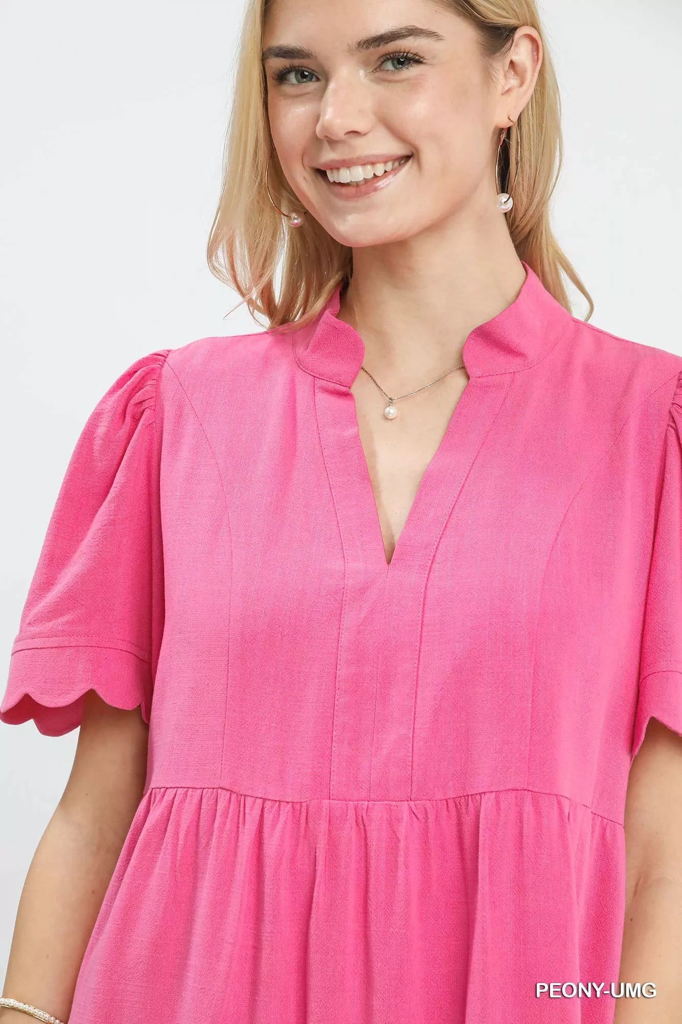 Linen Tiered Babydoll Dress with Scalloped Sleeves