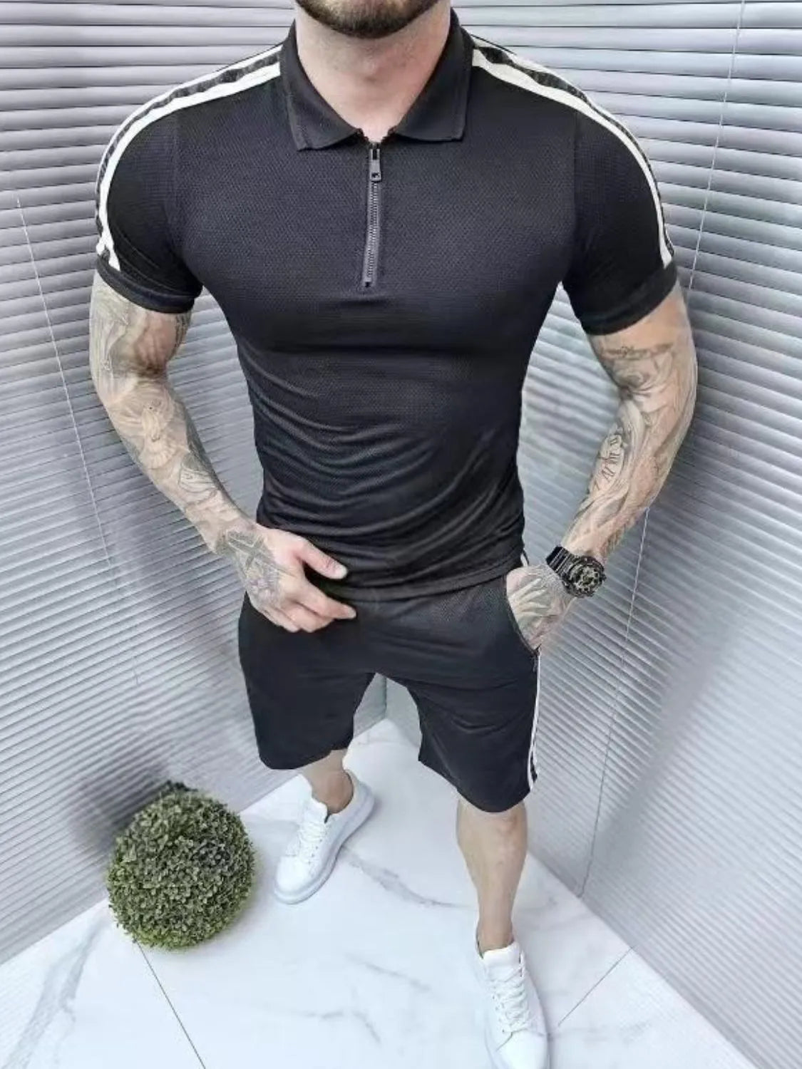 Men's Collared Neck Short Sleeve Top and Shorts Set